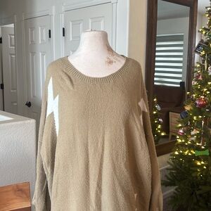 easel Tan Crewneck Sweater with White Star Accents